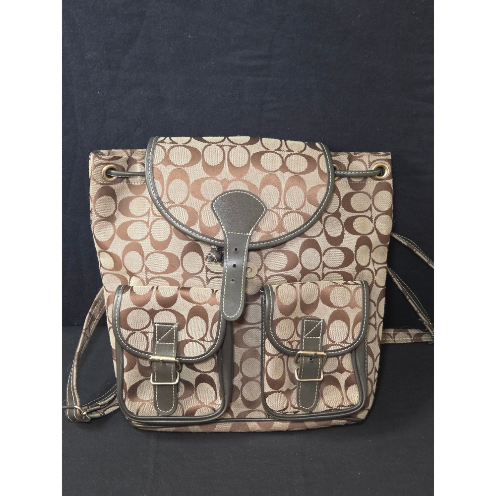 Coach Signature C Canvas Backpack Brown Tan Monogram Cargo Pockets Vintage Style